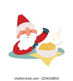 Funny Santa Claus eat spaghetti flat icon Winter holiday