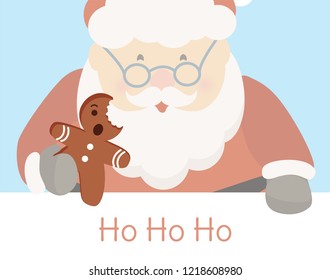 Funny Santa Claus eating gingerbread man vector  Ho Ho Ho Christmas greeting card background 