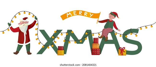 Funny Santa Claus and elf with Christmas lights and gifts. Christmas banner. Xmas card. Vector illustration.