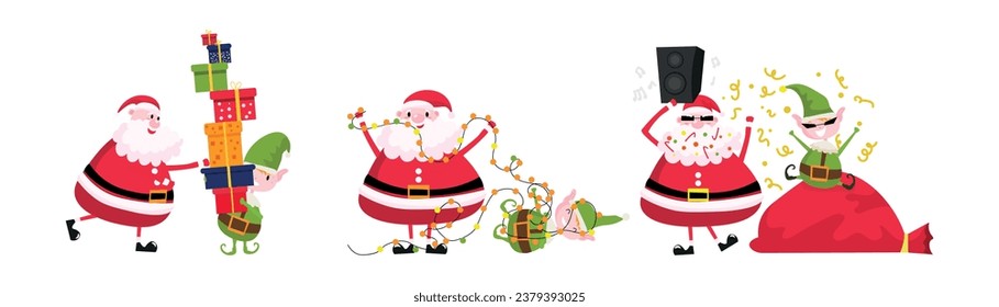 Funny Santa Claus with elf, gifts, garland and bag on white back