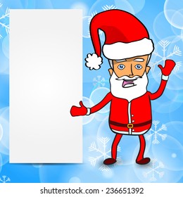 Funny Santa Claus with empty paper sheet on a winter background