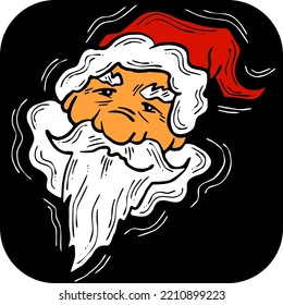 Funny Santa Claus face, hand drawn cartoon character, comic personage vector illustration. Decorative element, poster print, Christmas party invitation, postcard design. Traditional winter celebration