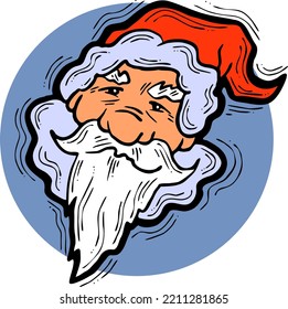 Funny Santa Claus face, hand drawn cartoon character, comic personage vector illustration. Decorative element, poster print, Christmas party invitation, postcard design. Traditional winter celebration