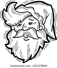 Funny Santa Claus face, hand drawn cartoon character, comic personage vector illustration. Decorative element, poster print, Christmas party invitation, postcard design. Traditional winter celebration