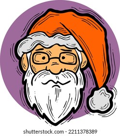 Funny Santa Claus face, hand drawn cartoon character, comic personage vector illustration. Decorative element, poster print, Christmas party invitation, postcard design. Traditional winter celebration