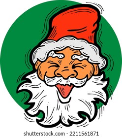 Funny Santa Claus face, hand drawn cartoon character, comic personage vector illustration. Decorative element, poster print, Christmas party invitation, postcard design. Traditional winter celebration