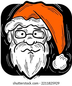 Funny Santa Claus face, hand drawn cartoon character, comic personage vector illustration. Decorative element, poster print, Christmas party invitation, postcard design. Traditional winter celebration