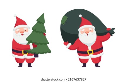 Funny Santa Claus with fir tree and bag set. Cute Christmas characters cartoon vector illustration