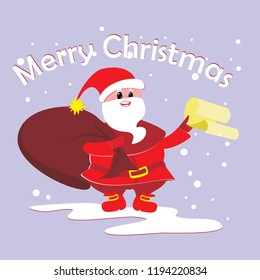 Funny Santa Claus flat character with gift bag and gift list, illustration isolated on violet, vector, text
