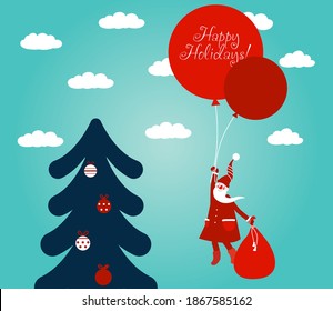 Funny Santa Claus flying with balloons. Christmas and Happy Holidays vector car