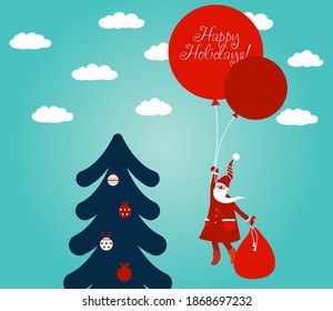 Funny Santa Claus flying with balloons. Christmas and Happy Holidays vector card