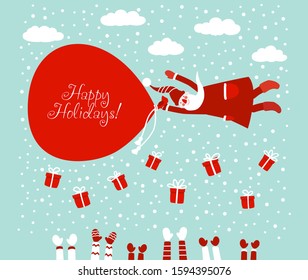Funny Santa Claus  flying in the middle of the clouds. Christmas and Happy Holidays vector card. Cute winter holiday illustration with many children hands raised up. Santa throwing gifts. 