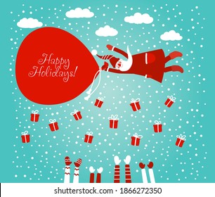 Funny Santa Claus  flying in the middle of the clouds. Christmas and Happy Holidays vector card. Cute winter holiday illustration with many children hands raised up