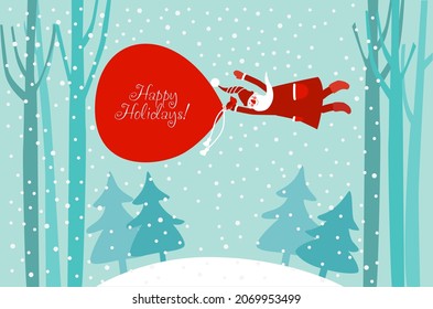 Funny Santa Claus  flying in the middle of the clouds. Christmas and Happy Holidays vector card. Santa throwing gifts