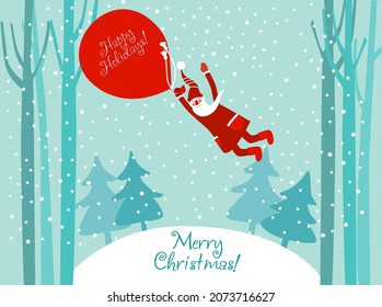 Funny Santa Claus  flying in the middle of the clouds. Christmas and Happy Holidays vector card. Santa throwing gifts