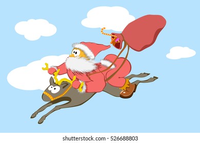 Funny Santa Claus flying. Vector illustration of funny Christmas characters.