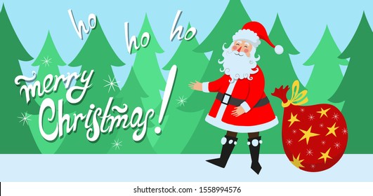 Funny Santa Claus with gift bag on winter forest background. Merry Christmas lettering. Holiday greeting card. Vector illustration
