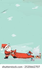 Funny Santa Claus with gift bag hand drawn childish style on old paper green color graphic illustration have blank space. Merry Christmas greeting card vertical template.