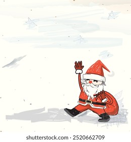 Funny Santa Claus with gift bag hand drawn childish style on old paper graphic illustration have blank space. Merry Christmas greeting card square template.