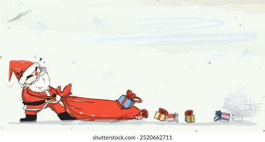 Funny Santa Claus with gift bag hand drawn childish style on old paper graphic illustration have blank space. Merry Christmas greeting card template.