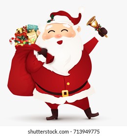 Funny Santa Claus with gift bag full of boxes, candy cane, christmas present, jingle bell.
Happy Santa Clause carrying sack with full of gifts. Vector cartoon illustration
