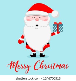Funny Santa Claus with gift box. Christmas and New Year design greeting cards. Vector illustration.