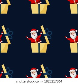 Funny Santa Claus in gift box. Christmas Seamless Pattern with Christmas elements. Vector Illustration on dark blue background