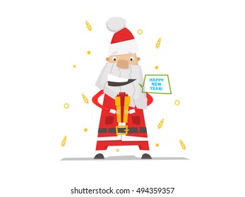 Funny Santa Claus with a gift in hands. Cartoon style vector illustration.