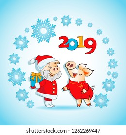 Funny Santa Claus with a gift and a piggy. Piglet dressed as Santa Claus. Symbol 2019. Happy new year. Ideal for calendar and greeting cards, holiday gifts with holiday greetings.