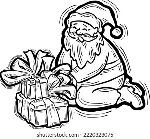 Funny Santa Claus giving you a present for Christmas or New Year. Gift box with ribbon, xmas surprise. Hand drawn illustration for poster print, card design, party invitation. Cartoon vector character