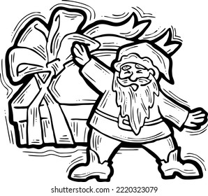 Funny Santa Claus giving you a present for Christmas or New Year. Gift box with ribbon, xmas surprise. Hand drawn illustration for poster print, card design, party invitation. Cartoon vector character