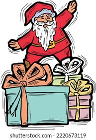 Funny Santa Claus giving you a present for Christmas or New Year. Gift box with ribbon, xmas surprise. Hand drawn illustration for poster print, card design, party invitation. Cartoon vector character