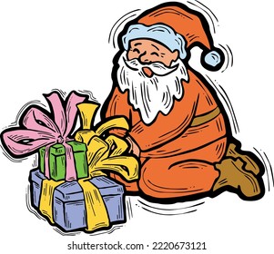 Funny Santa Claus giving you a present for Christmas or New Year. Gift box with ribbon, xmas surprise. Hand drawn illustration for poster print, card design, party invitation. Cartoon vector character