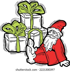Funny Santa Claus giving you a present for Christmas or New Year. Gift box with ribbon, xmas surprise. Hand drawn illustration for poster print, card design, party invitation. Cartoon vector character