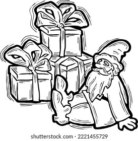 Funny Santa Claus giving you a present for Christmas or New Year. Gift box with ribbon, xmas surprise. Hand drawn illustration for poster print, card design, party invitation. Cartoon vector character