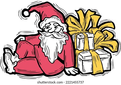 Funny Santa Claus giving you a present for Christmas or New Year. Gift box with ribbon, xmas surprise. Hand drawn illustration for poster print, card design, party invitation. Cartoon vector character