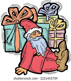 Funny Santa Claus giving you a present for Christmas or New Year. Gift box with ribbon, xmas surprise. Hand drawn illustration for poster print, card design, party invitation. Cartoon vector character