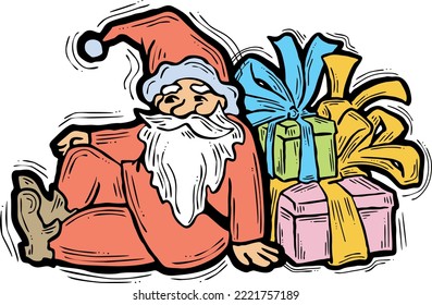 Funny Santa Claus giving you a present for Christmas or New Year. Gift box with ribbon, xmas surprise. Hand drawn illustration for poster print, card design, party invitation. Cartoon vector character
