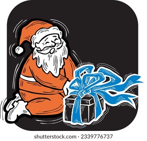 Funny Santa Claus giving you a present for Christmas or New Year. Gift box with ribbon, xmas surprise. Hand drawn illustration for poster print, card design, party invitation. Cartoon vector character