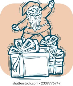 Funny Santa Claus giving you a present for Christmas or New Year. Gift box with ribbon, xmas surprise. Hand drawn illustration for poster print, card design, party invitation. Cartoon vector character