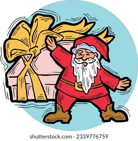 Funny Santa Claus giving you a present for Christmas or New Year. Gift box with ribbon, xmas surprise. Hand drawn illustration for poster print, card design, party invitation. Cartoon vector character