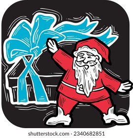 Funny Santa Claus giving you a present for Christmas or New Year. Gift box with ribbon, xmas surprise. Hand drawn illustration for poster print, card design, party invitation. Cartoon vector character