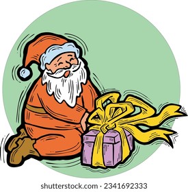Funny Santa Claus giving you a present for Christmas or New Year. Gift box with ribbon, xmas surprise. Hand drawn illustration for poster print, card design, party invitation. Cartoon vector character