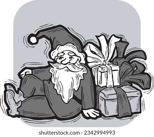 Funny Santa Claus giving you a present for Christmas or New Year. Gift box with ribbon, xmas surprise. Hand drawn illustration for poster print, card design, party invitation. Cartoon vector character