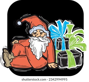Funny Santa Claus giving you a present for Christmas or New Year. Gift box with ribbon, xmas surprise. Hand drawn illustration for poster print, card design, party invitation. Cartoon vector character
