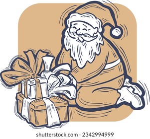 Funny Santa Claus giving you a present for Christmas or New Year. Gift box with ribbon, xmas surprise. Hand drawn illustration for poster print, card design, party invitation. Cartoon vector character