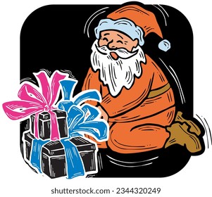 Funny Santa Claus giving you a present for Christmas or New Year. Gift box with ribbon, xmas surprise. Hand drawn illustration for poster print, card design, party invitation. Cartoon vector character