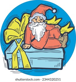 Funny Santa Claus giving you a present for Christmas or New Year. Gift box with ribbon, xmas surprise. Hand drawn illustration for poster print, card design, party invitation. Cartoon vector character