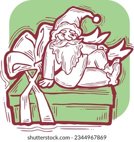 Funny Santa Claus giving you a present for Christmas or New Year. Gift box with ribbon, xmas surprise. Hand drawn illustration for poster print, card design, party invitation. Cartoon vector character