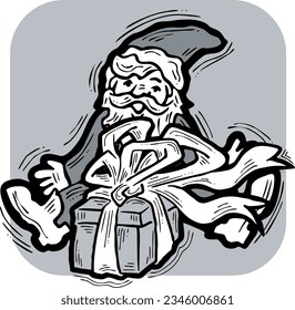 Funny Santa Claus giving you a present for Christmas or New Year. Gift box with ribbon, xmas surprise. Hand drawn illustration for poster print, card design, party invitation. Cartoon vector character